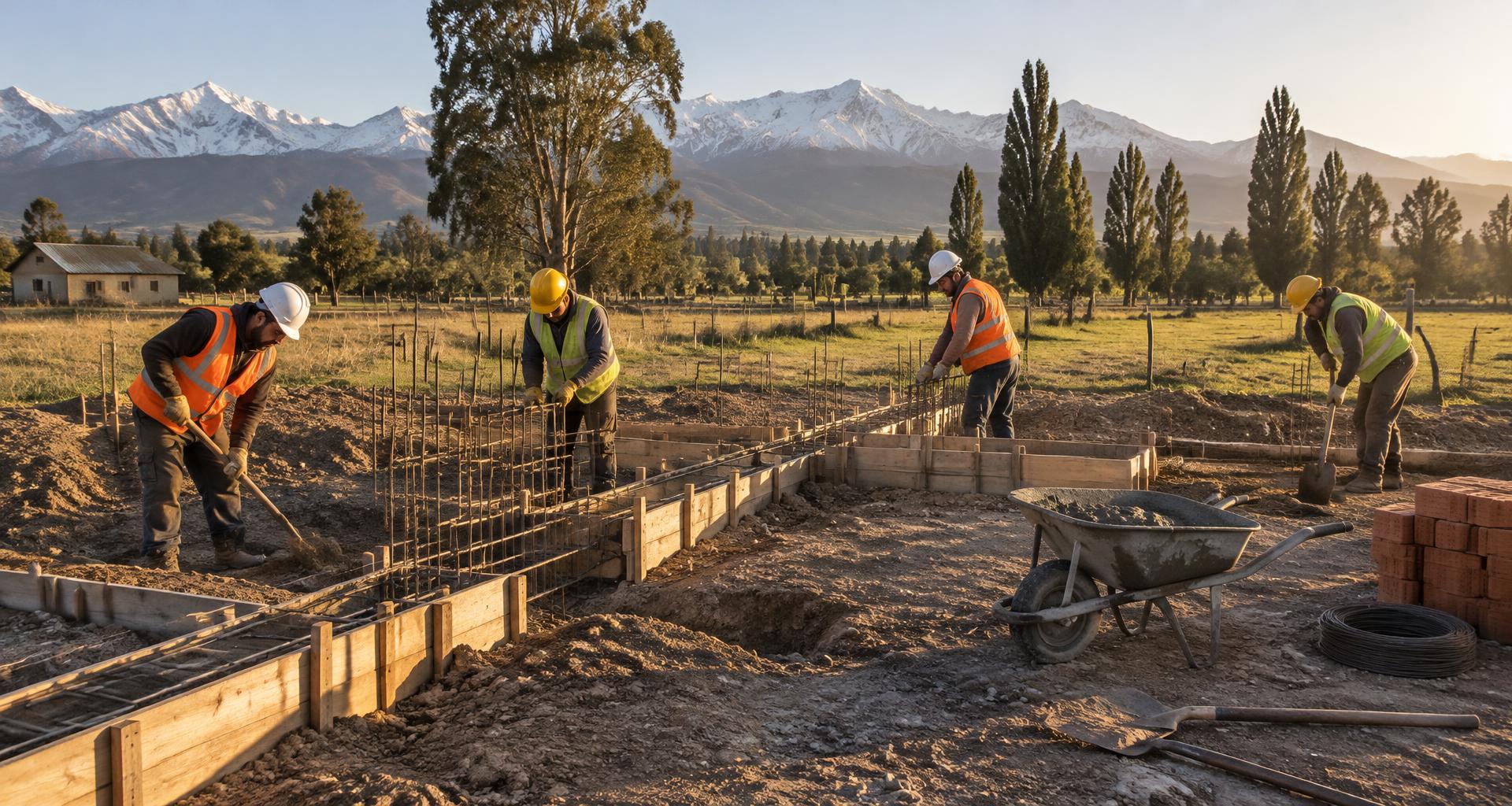 Trabajadores ejecutando fundaciones en un terreno del campo chileno, imagen conceptual de construcción